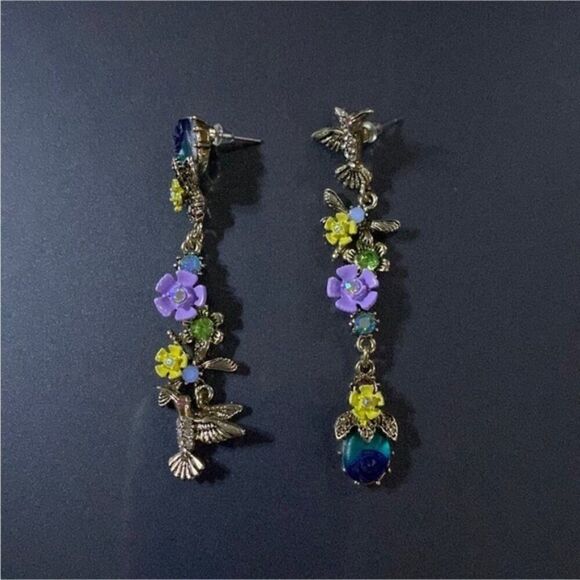 Rhinestone Flower VTG Hummingbird Dangle Earrings - Picture 3 of 4